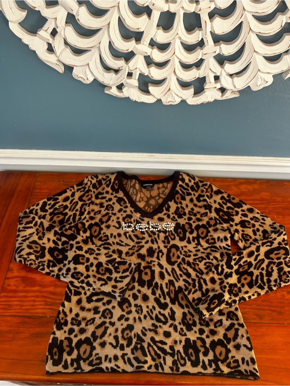 bebe Tan and Black Leopard Print Knit Top with Rhinestone Logo - Picture 5 of 5